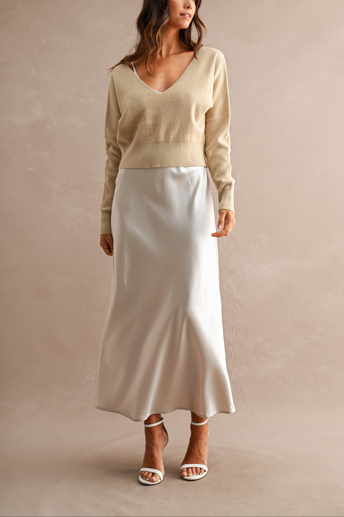 Satin Maxi Dress & Tie-Back V-Neck Sweater Set