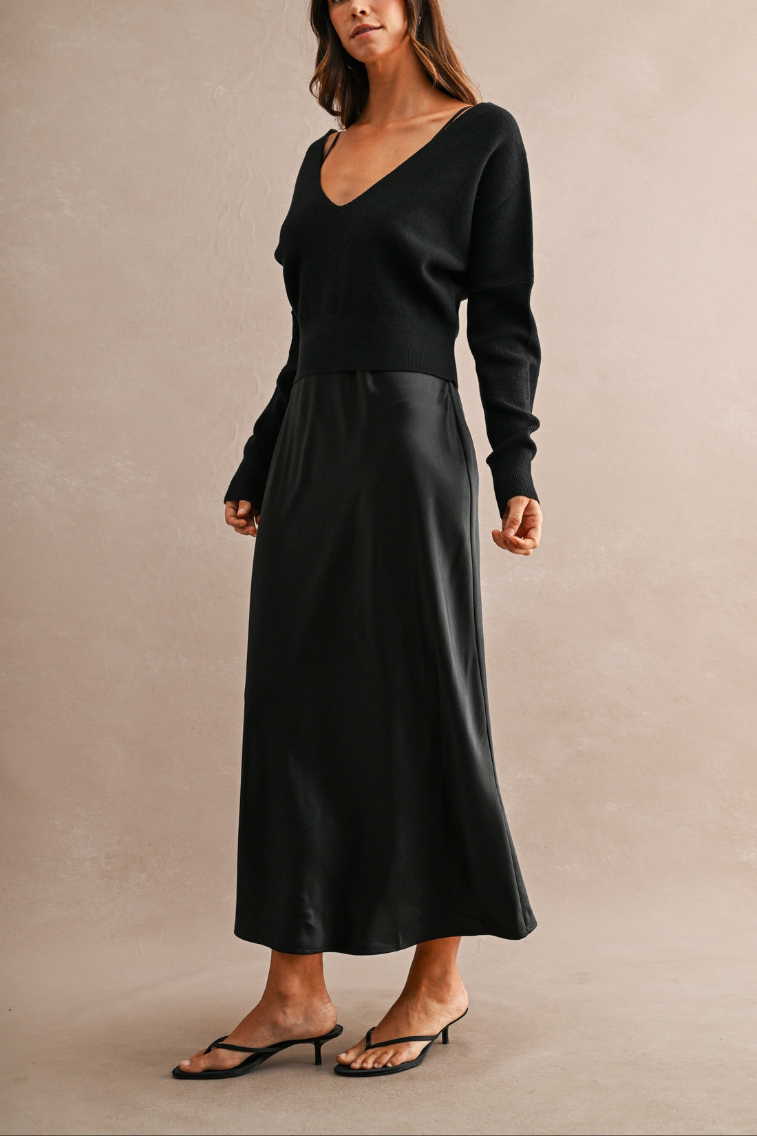 Satin Maxi Dress & Tie-Back V-Neck Sweater Set