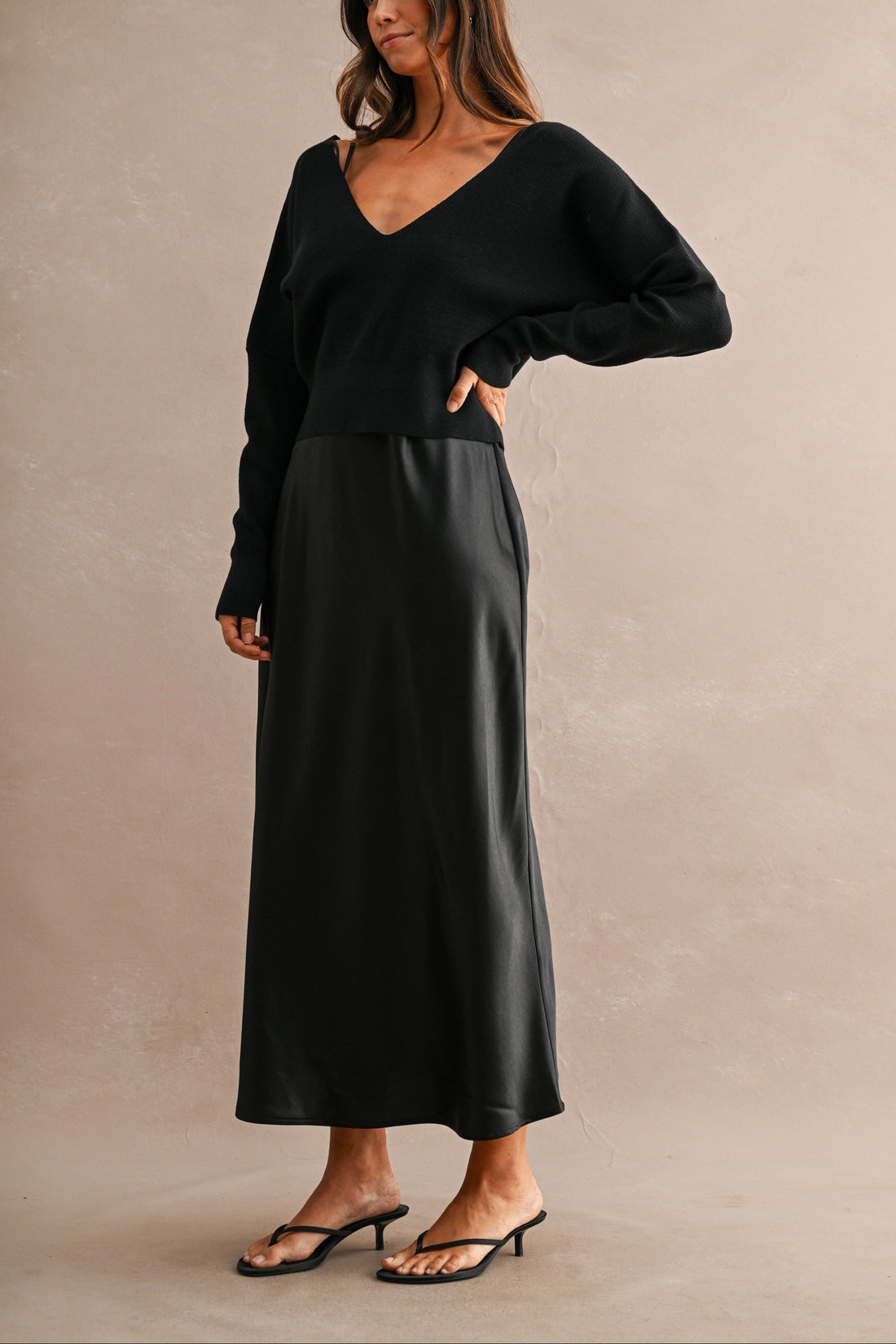 Satin Maxi Dress & Tie-Back V-Neck Sweater Set