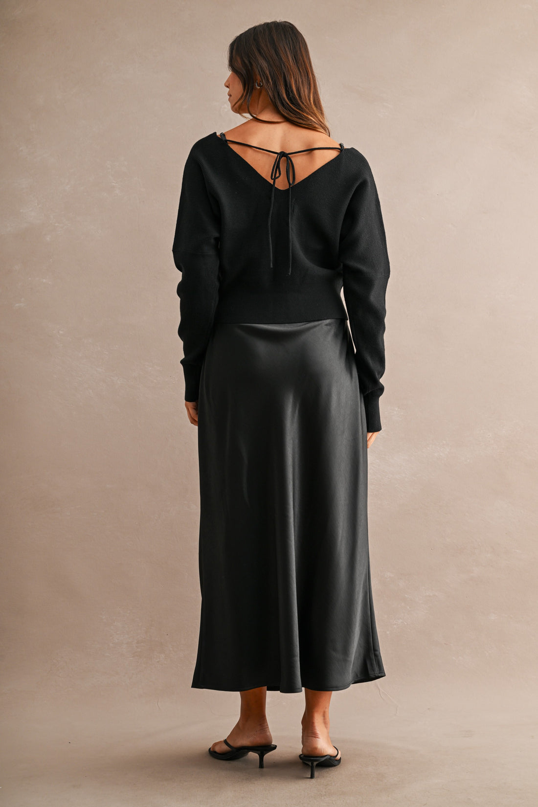 Satin Maxi Dress & Tie-Back V-Neck Sweater Set