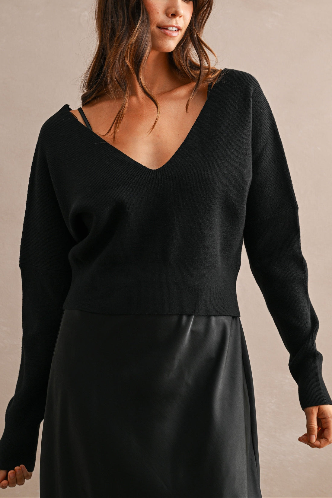 Satin Maxi Dress & Tie-Back V-Neck Sweater Set