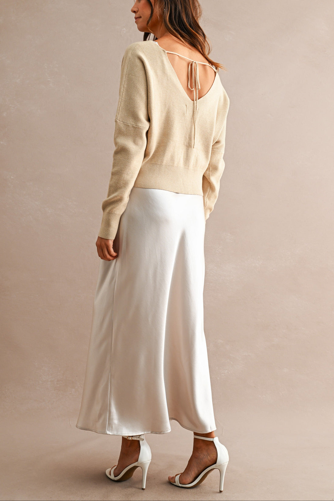 Satin Maxi Dress & Tie-Back V-Neck Sweater Set