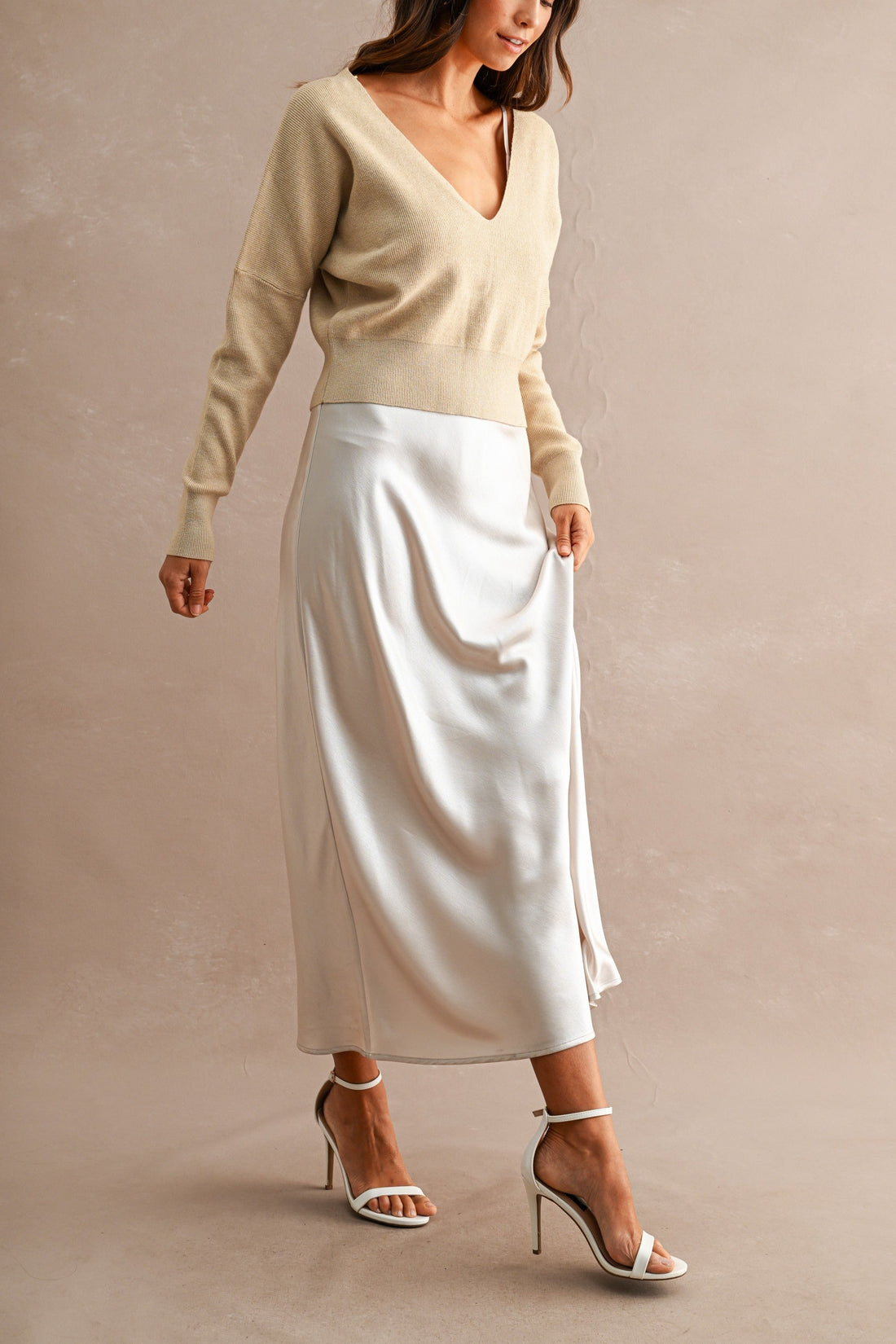 Satin Maxi Dress & Tie-Back V-Neck Sweater Set