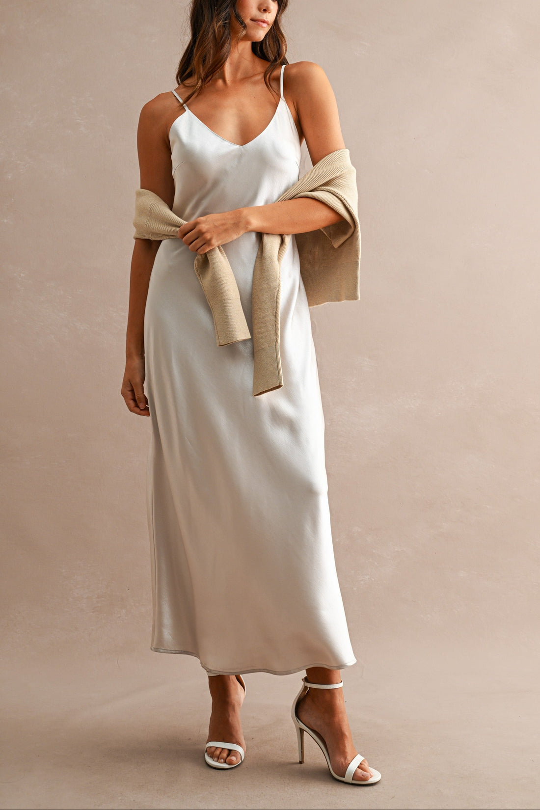 Satin Maxi Dress & Tie-Back V-Neck Sweater Set