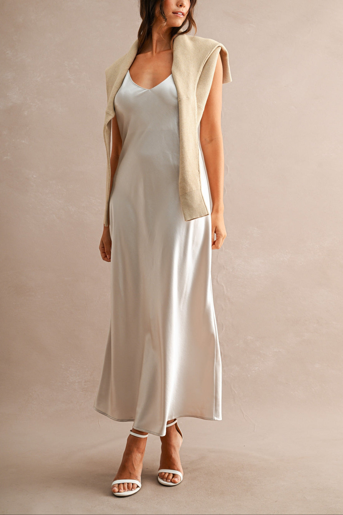 Satin Maxi Dress & Tie-Back V-Neck Sweater Set