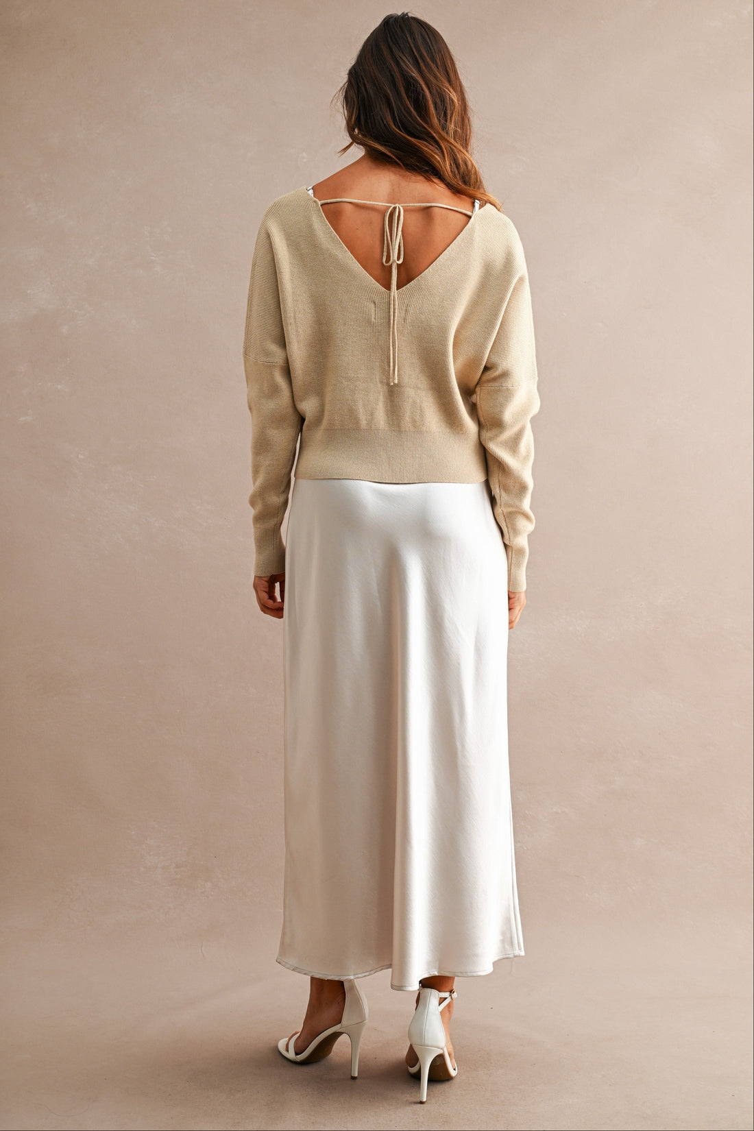 Satin Maxi Dress & Tie-Back V-Neck Sweater Set