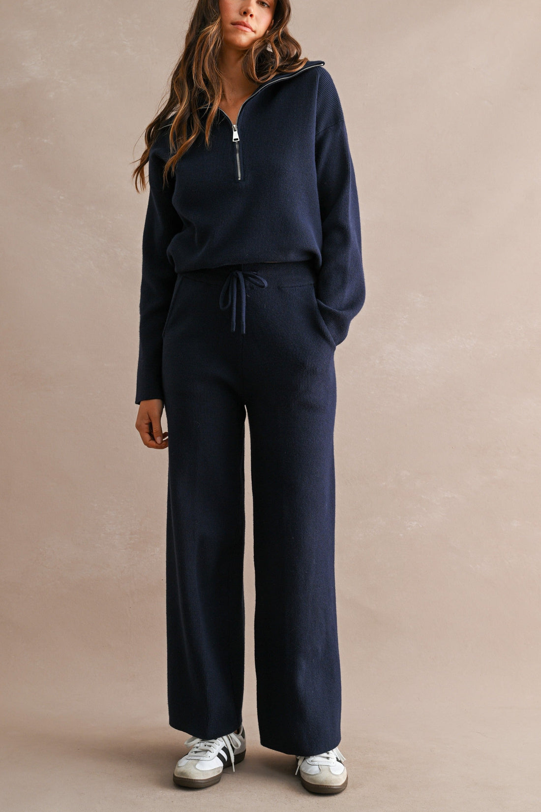 Half Zip Knit Sweater & Wide Leg Pants Two Piece Set