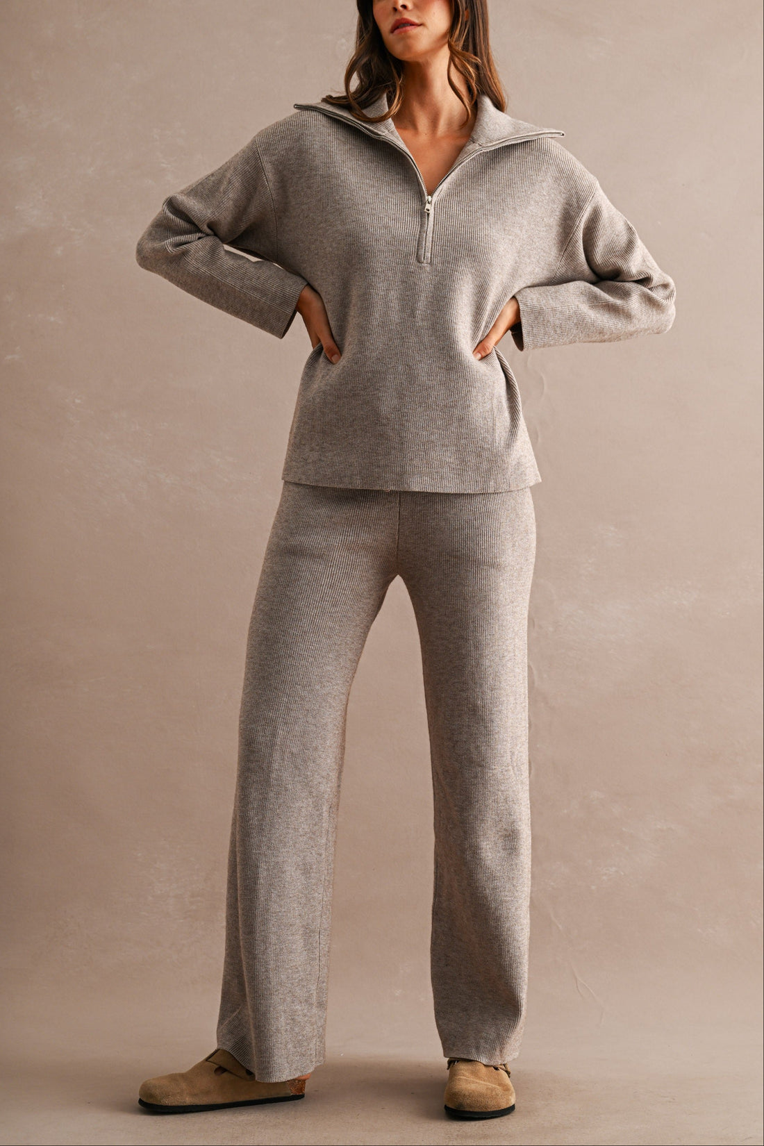 Half Zip Knit Sweater & Wide Leg Pants Two Piece Set