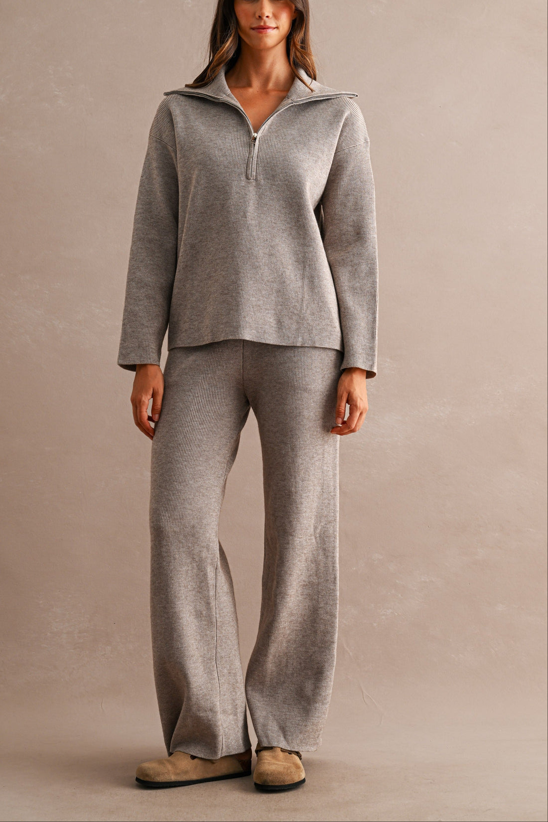 Half Zip Knit Sweater & Wide Leg Pants Two Piece Set