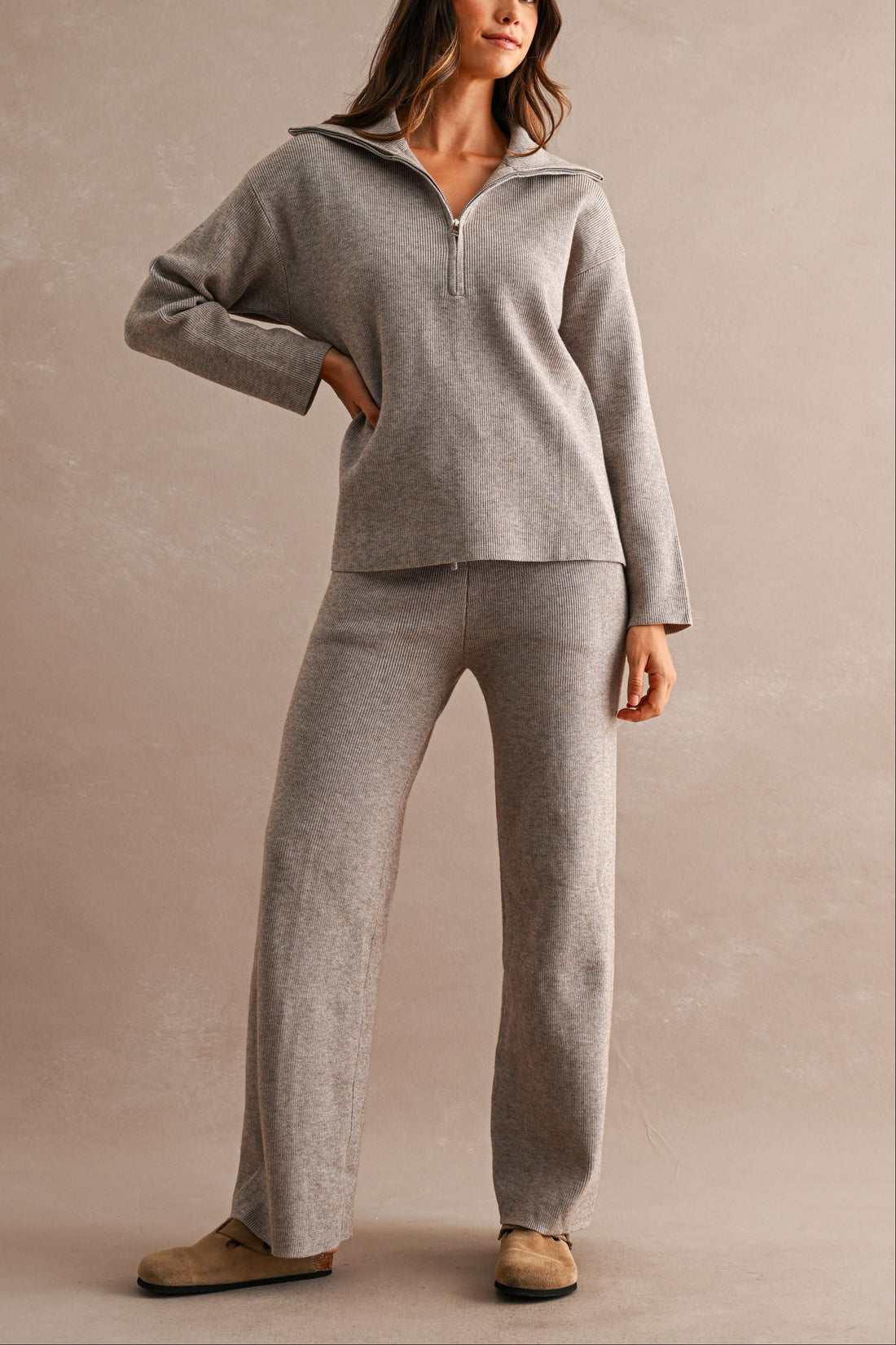 Half Zip Knit Sweater & Wide Leg Pants Two Piece Set