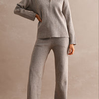 Half Zip Knit Sweater & Wide Leg Pants Two Piece Set