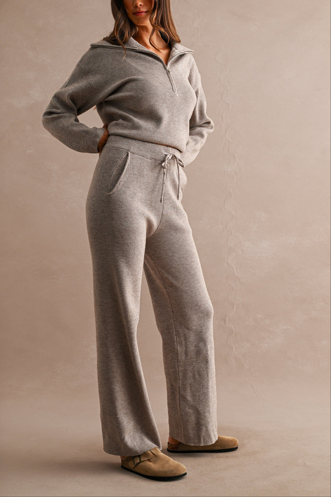Half Zip Knit Sweater & Wide Leg Pants Two Piece Set