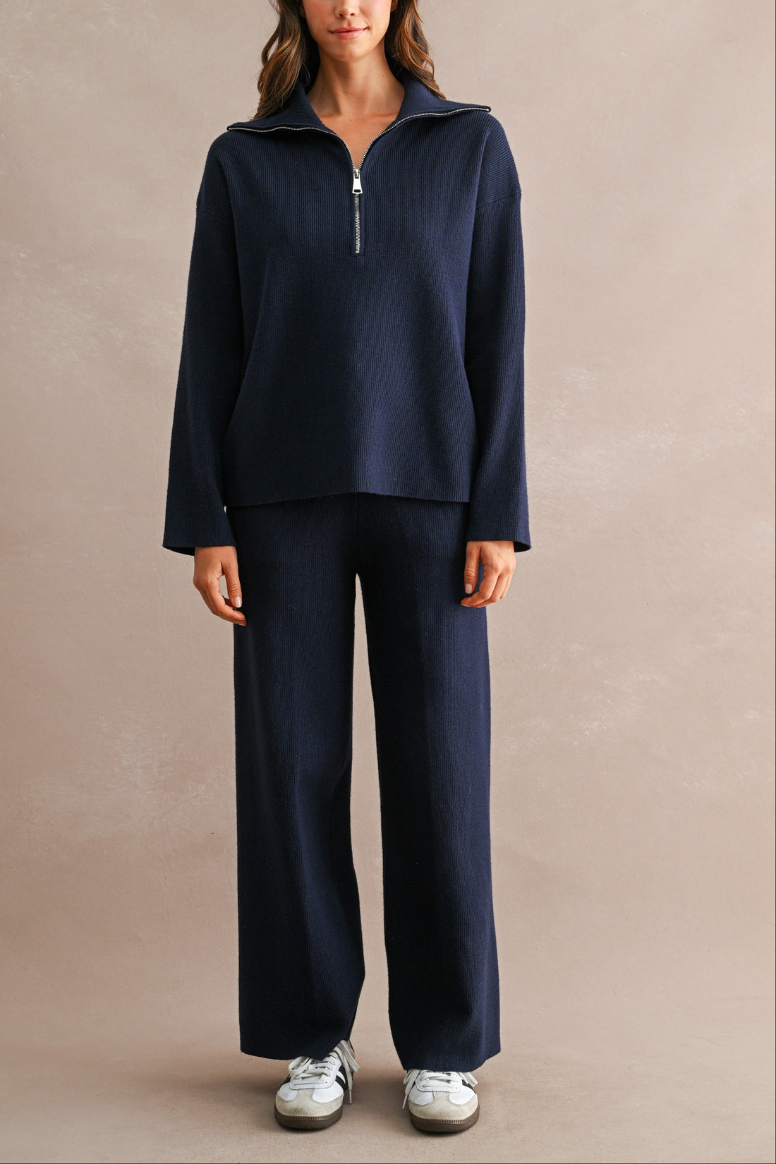 Half Zip Knit Sweater & Wide Leg Pants Two Piece Set