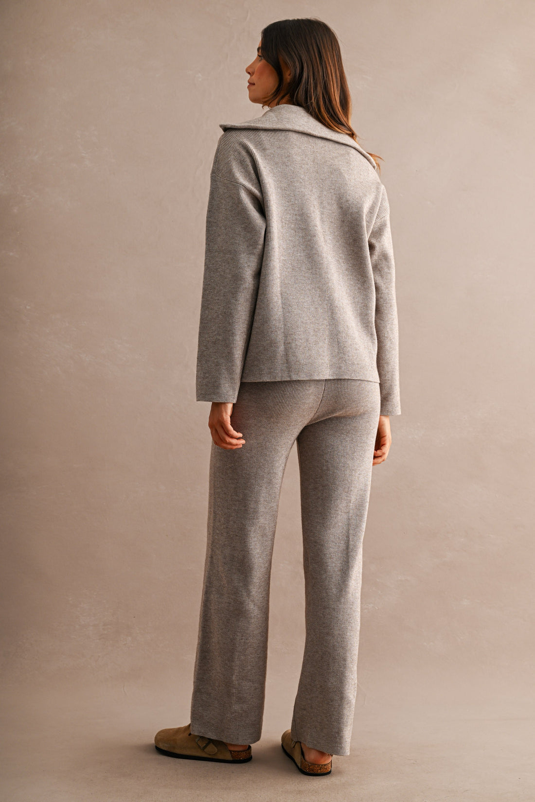 Half Zip Knit Sweater & Wide Leg Pants Two Piece Set