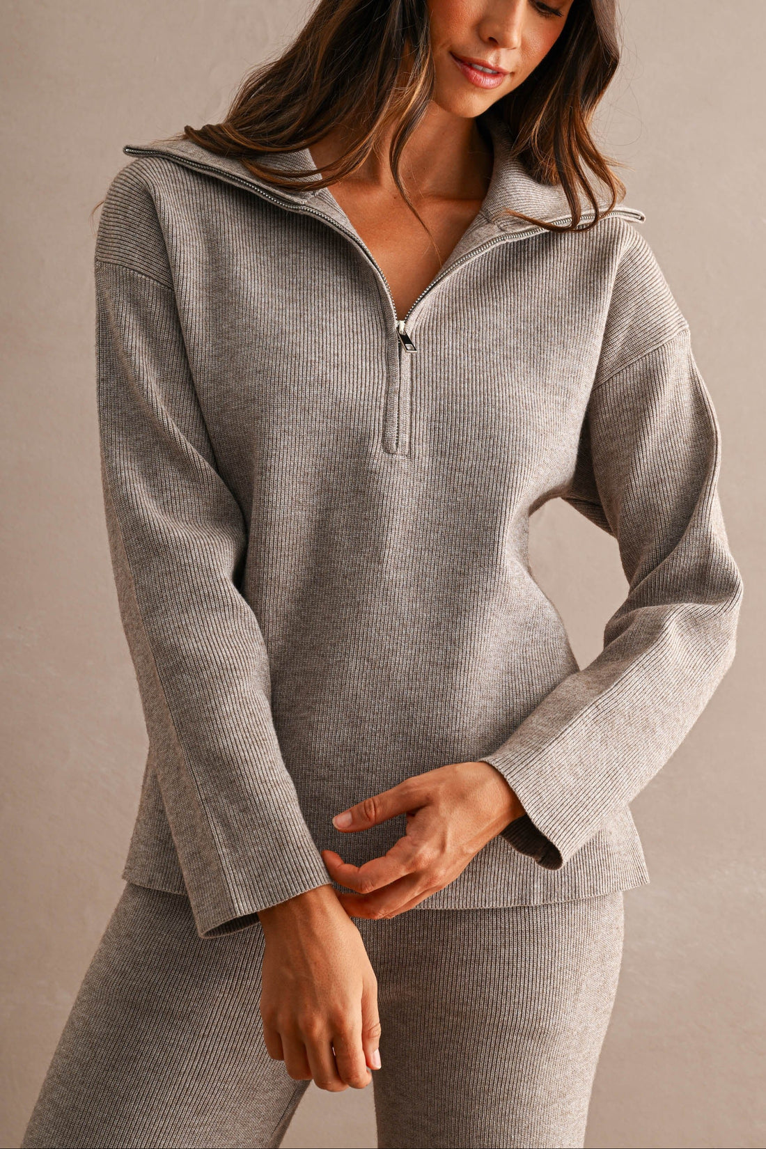 Half Zip Knit Sweater & Wide Leg Pants Two Piece Set