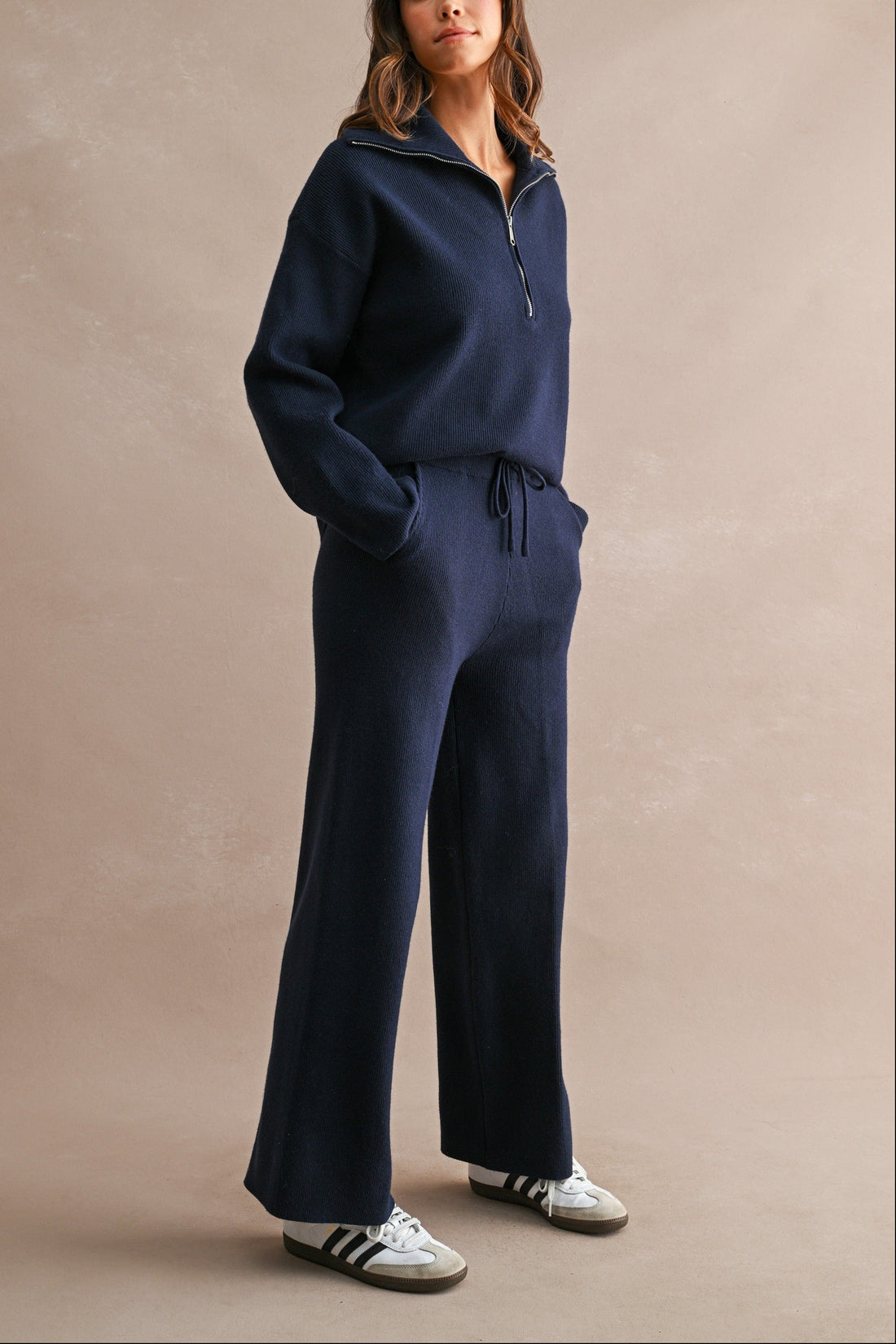 Half Zip Knit Sweater & Wide Leg Pants Two Piece Set