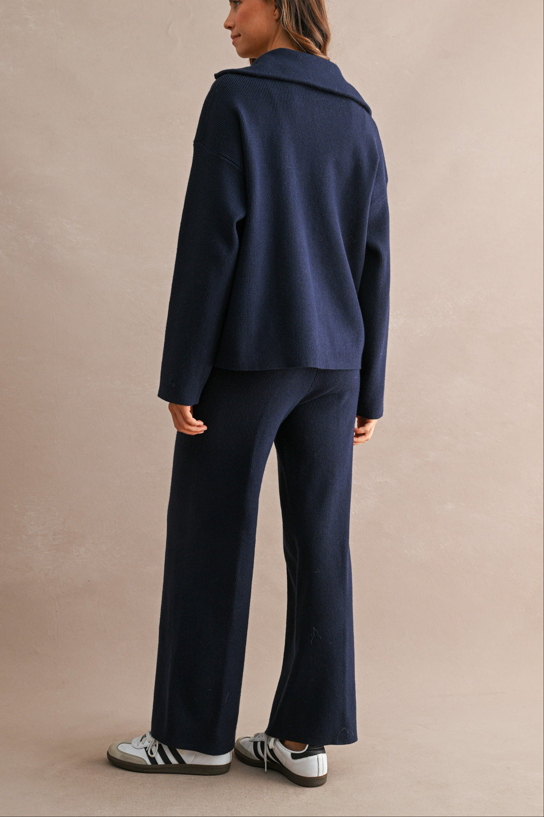 Half Zip Knit Sweater & Wide Leg Pants Two Piece Set