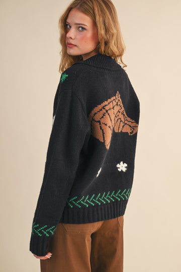 Horse Graphic Knit Zip Cardigan