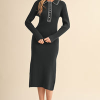 Ribbed Knit Midi Dress with Contrast Stitch Collar