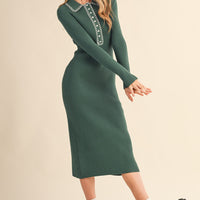 Ribbed Knit Midi Dress with Contrast Stitch Collar