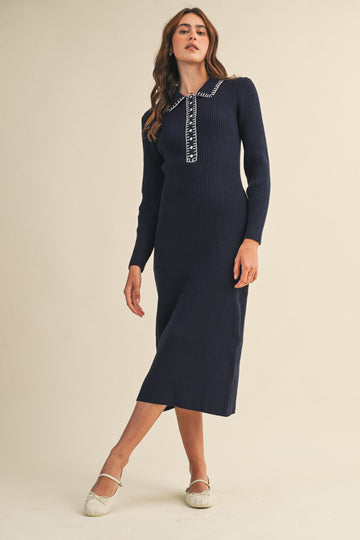 Ribbed Knit Midi Dress with Contrast Stitch Collar