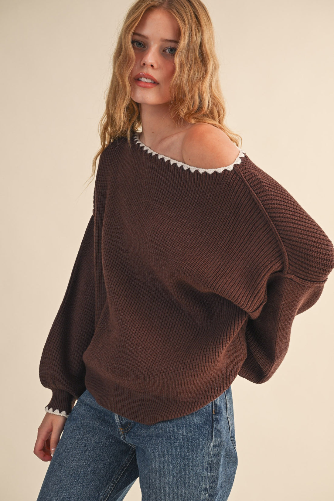 Scallop Trim Off Shoulder Knit Sweater