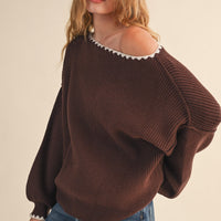 Scallop Trim Off Shoulder Knit Sweater
