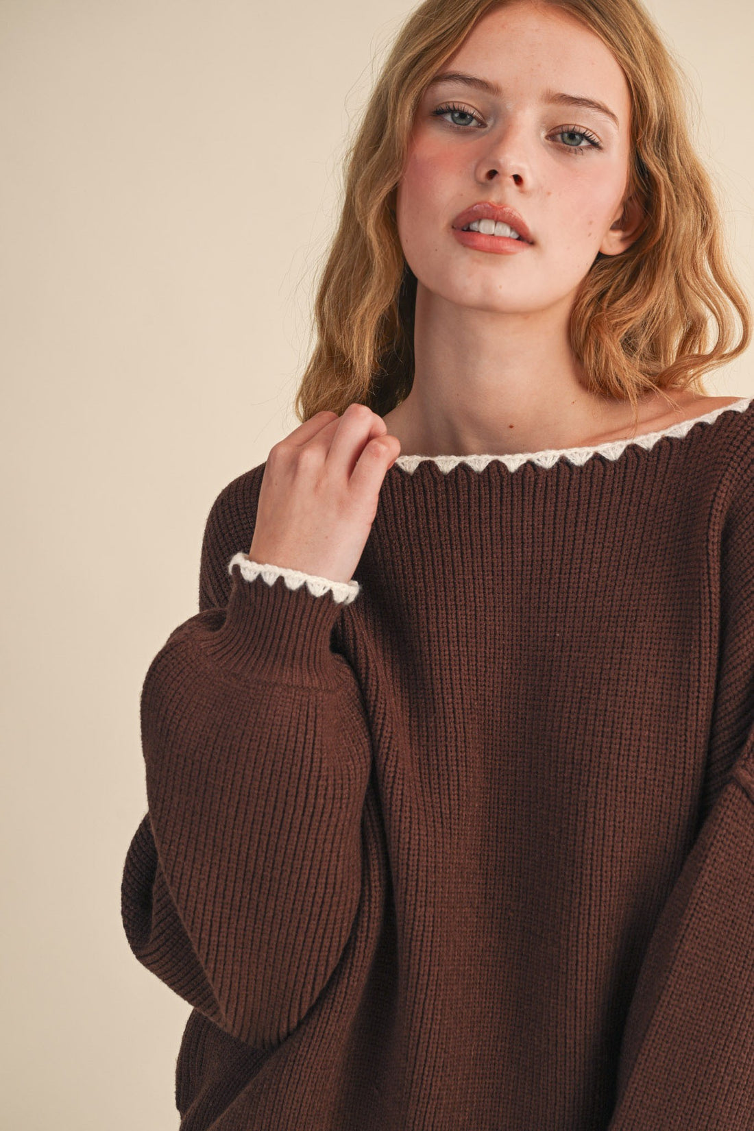 Scallop Trim Off Shoulder Knit Sweater