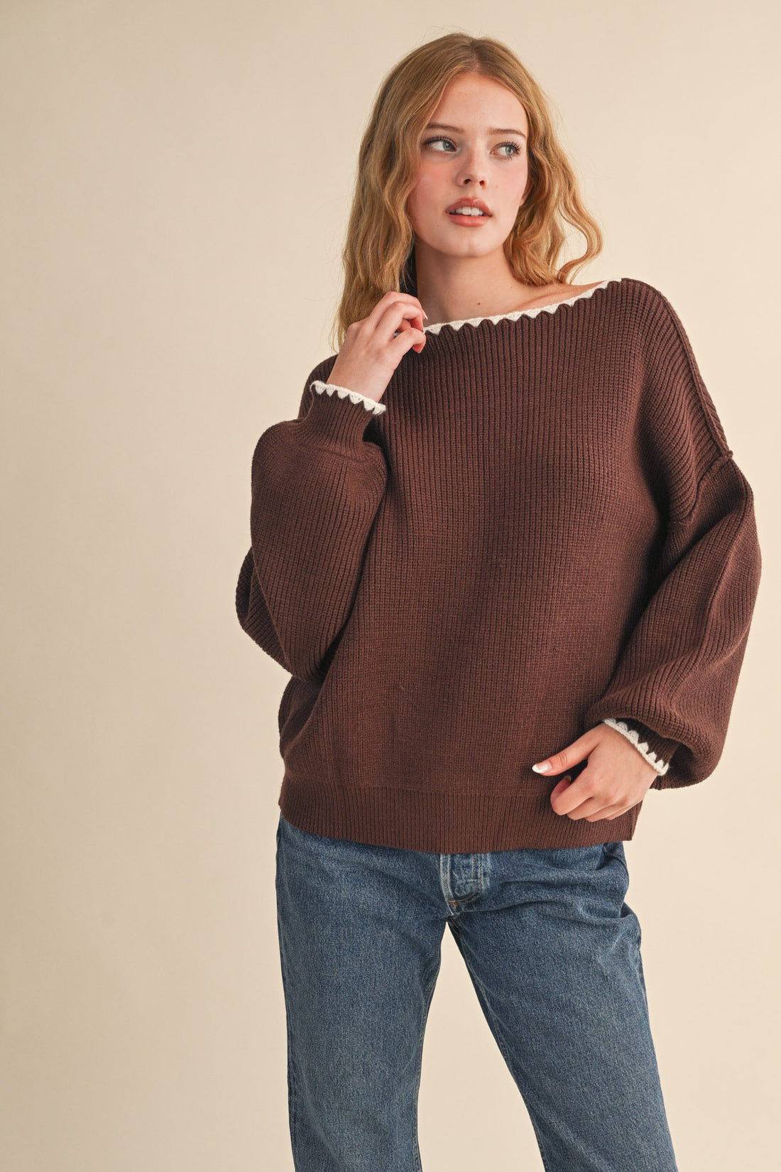 Scallop Trim Off Shoulder Knit Sweater