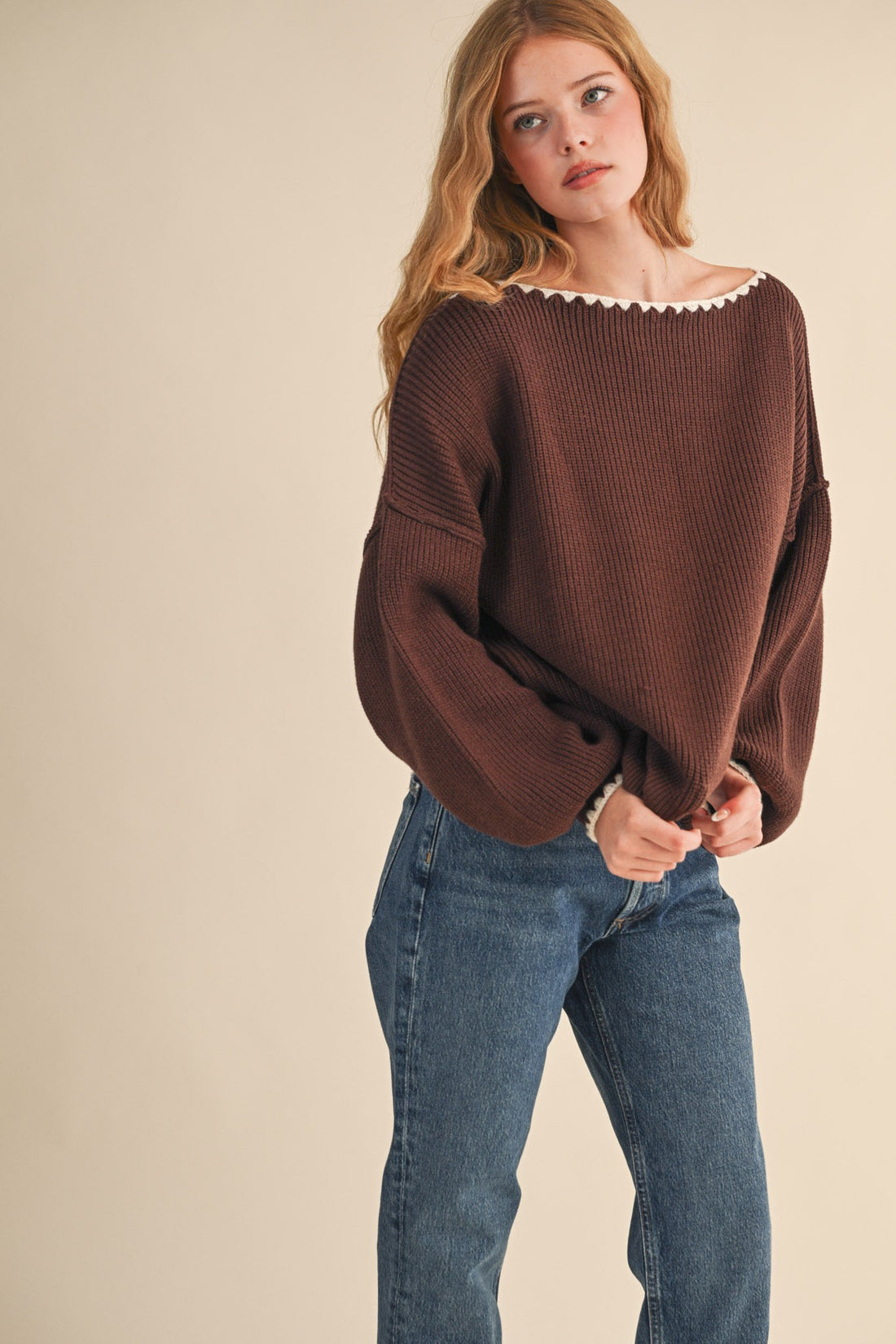 Scallop Trim Off Shoulder Knit Sweater