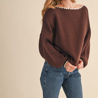 Scallop Trim Off Shoulder Knit Sweater