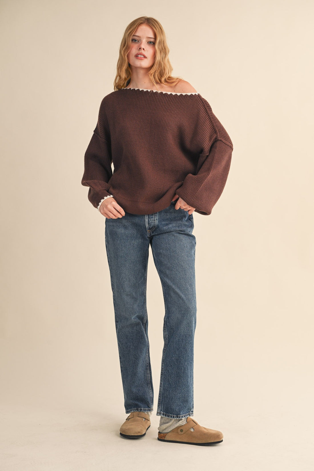 Scallop Trim Off Shoulder Knit Sweater