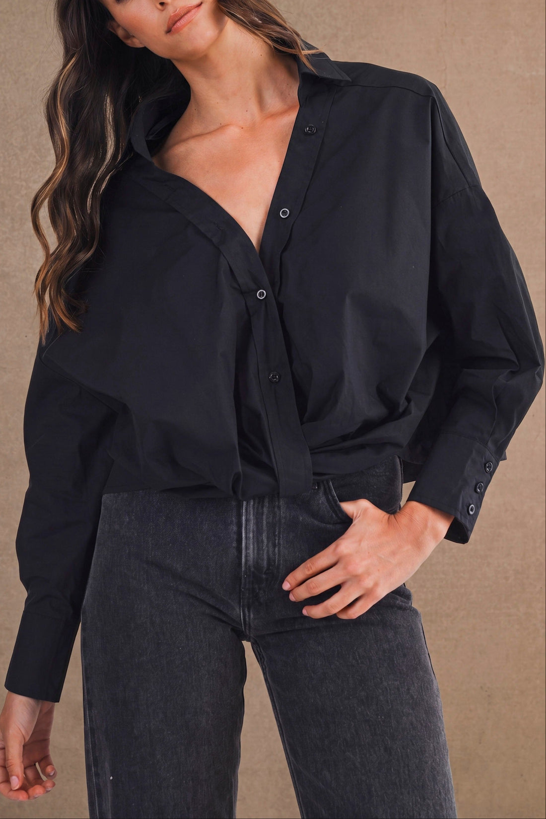 Oversized Twist Front Cotton Button-Down Shirt