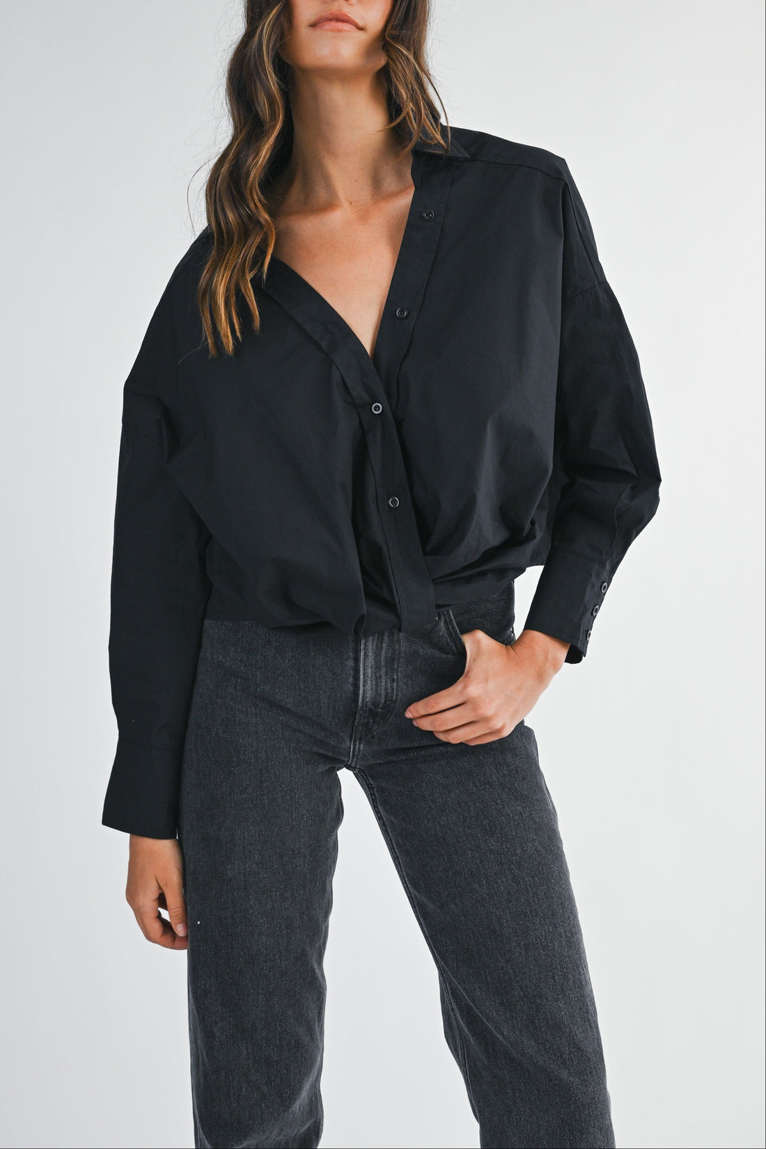 Oversized Twist Front Cotton Button-Down Shirt