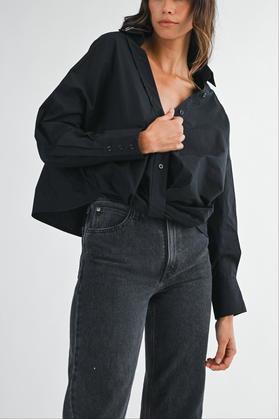 Oversized Twist Front Cotton Button-Down Shirt