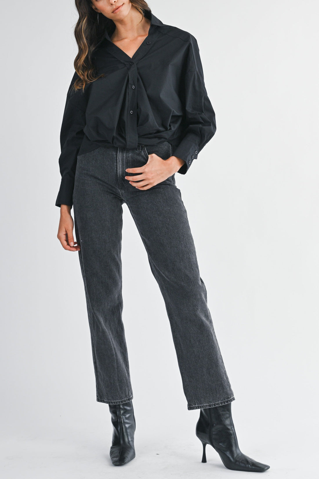 Oversized Twist Front Cotton Button-Down Shirt