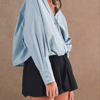 Oversized Twist Front Cotton Button-Down Shirt