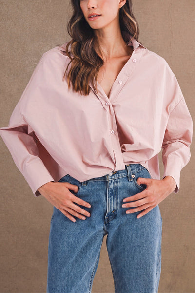 Oversized Twist Front Cotton Button-Down Shirt