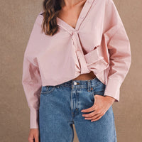 Oversized Twist Front Cotton Button-Down Shirt