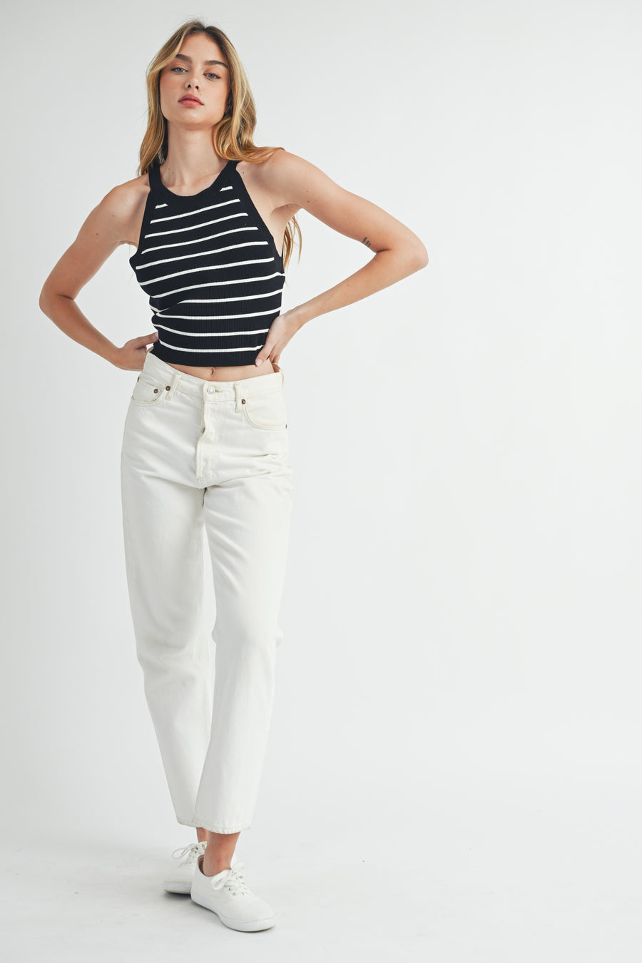 Halter Neck Striped Knit Top