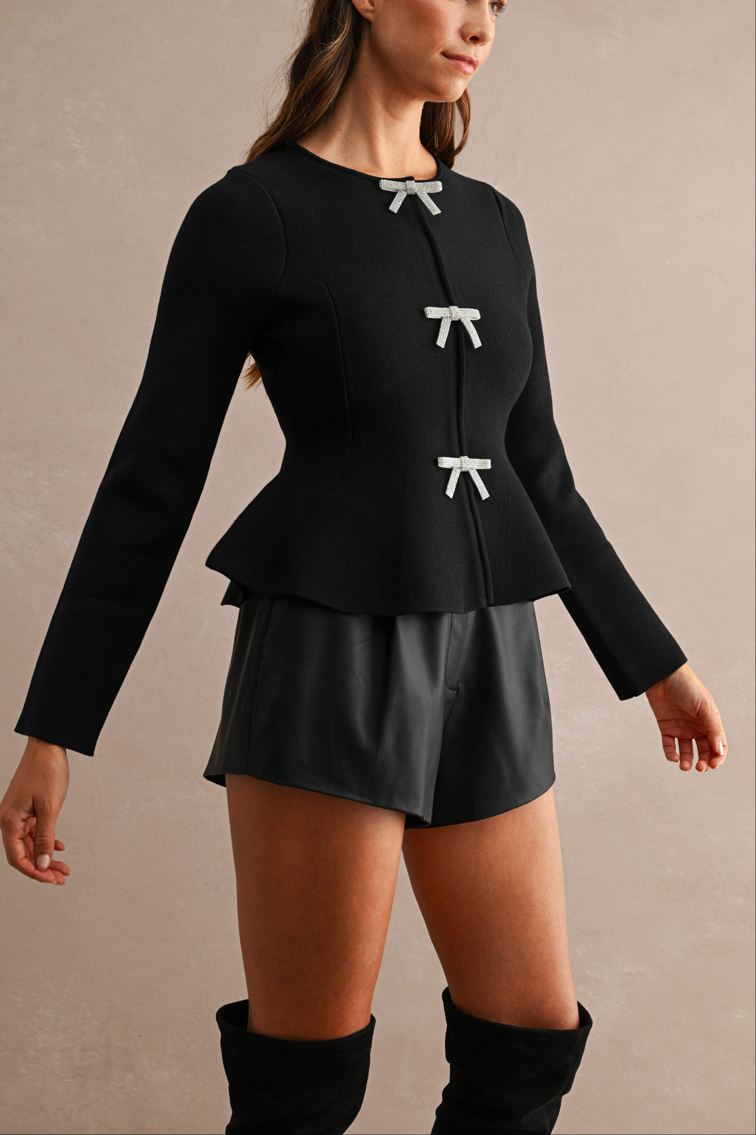 Jewel Bow Peplum Knit Top