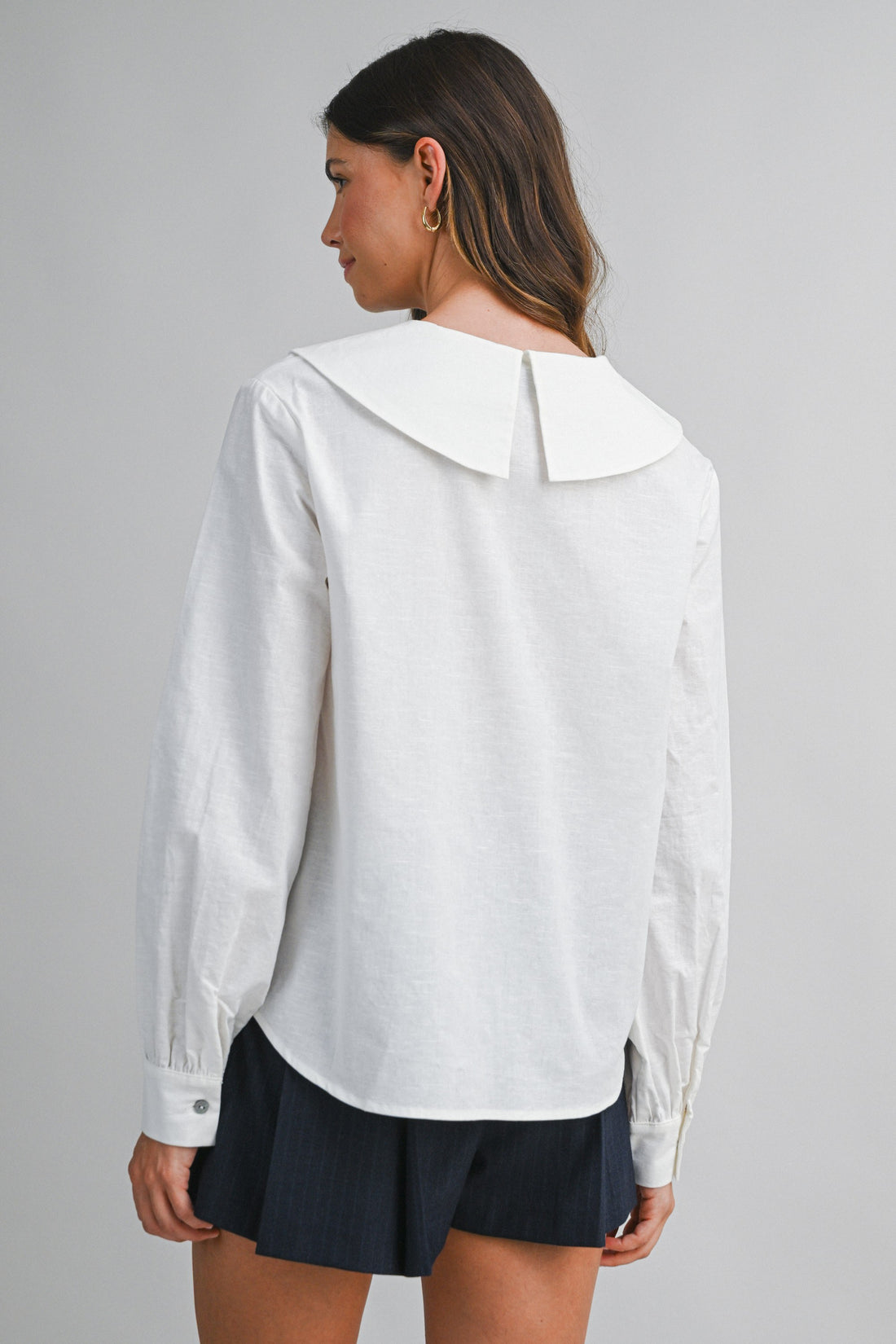 Linen Blend Collar Button Down Long Sleeve Blouse