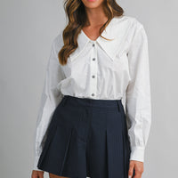 Linen Blend Collar Button Down Long Sleeve Blouse
