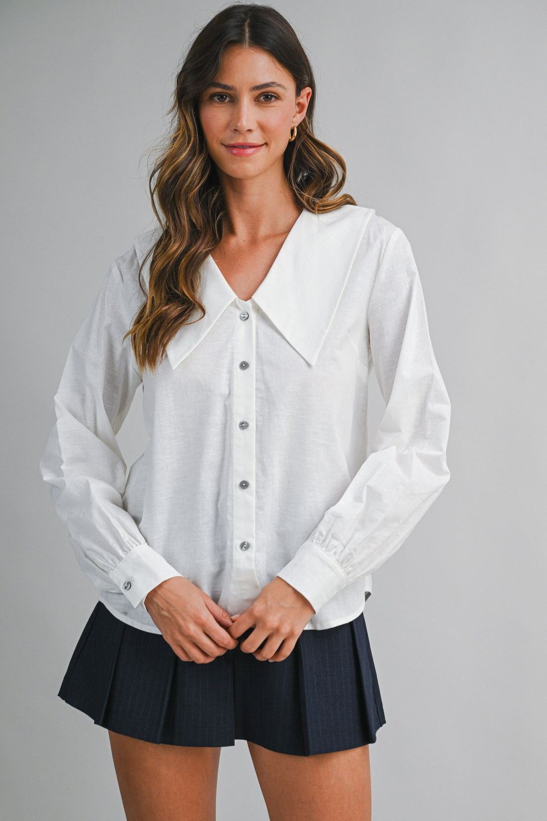 Linen Blend Collar Button Down Long Sleeve Blouse