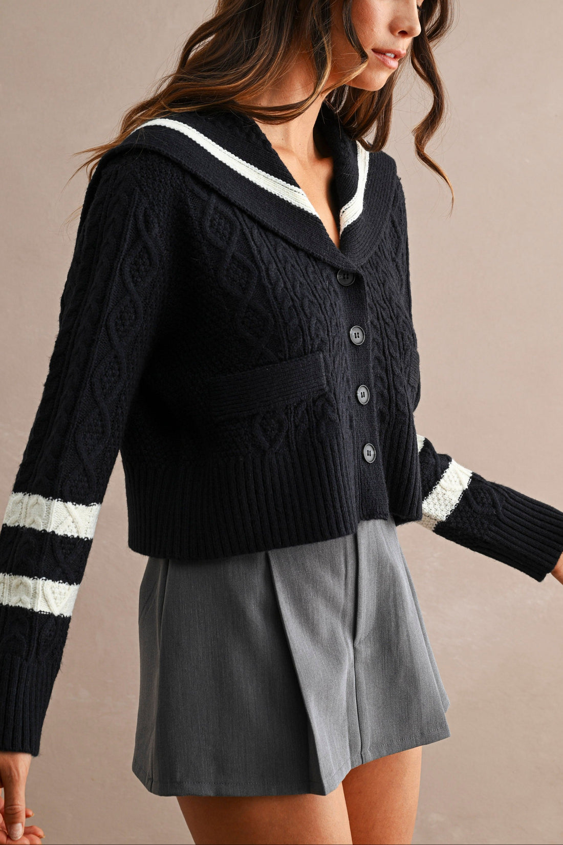Sailor Collar Cable Knit Cropped Cardigan