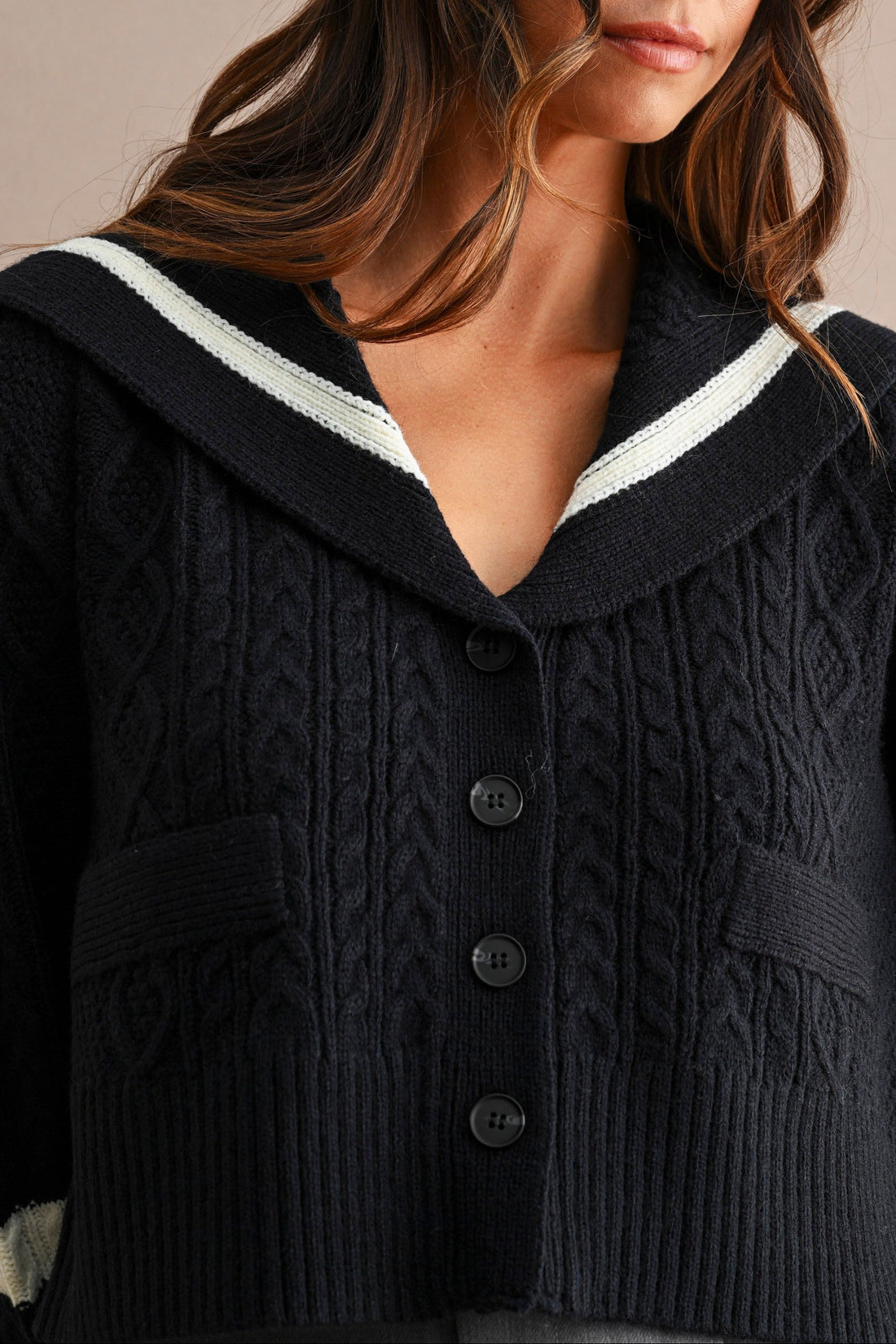 Sailor Collar Cable Knit Cropped Cardigan