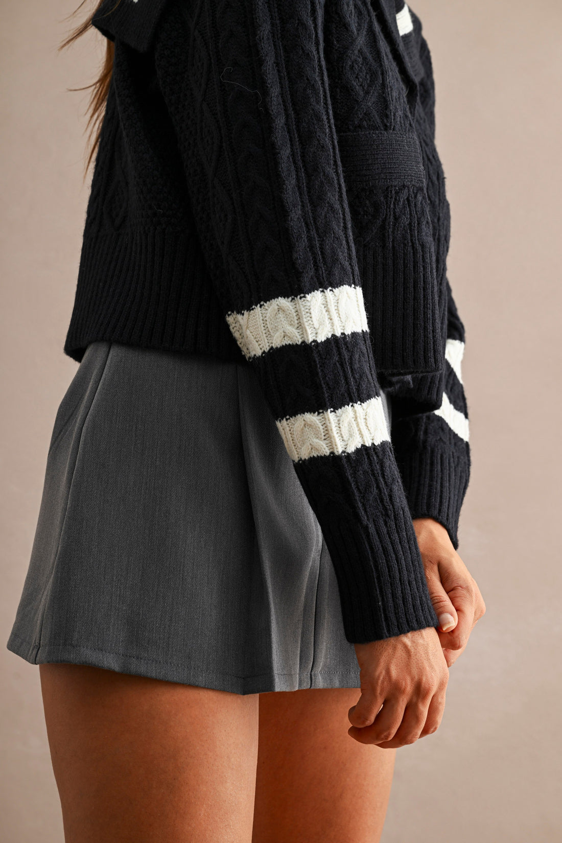 Sailor Collar Cable Knit Cropped Cardigan