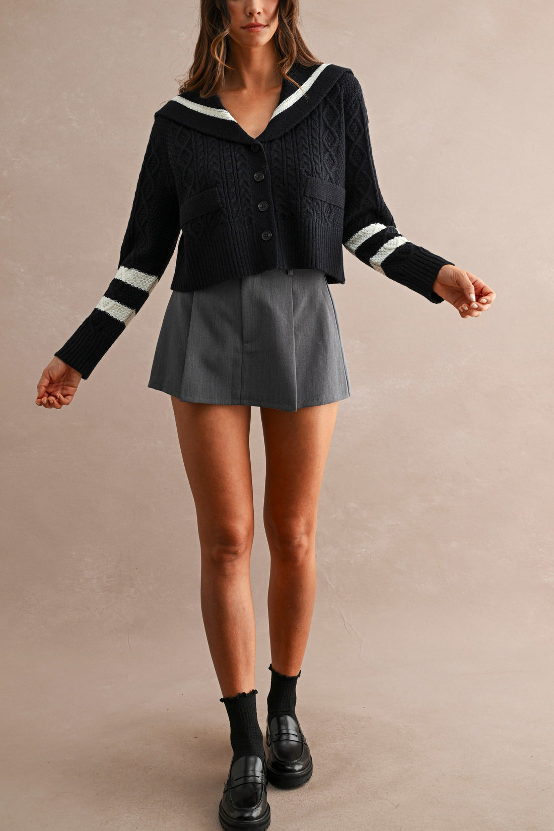 Sailor Collar Cable Knit Cropped Cardigan