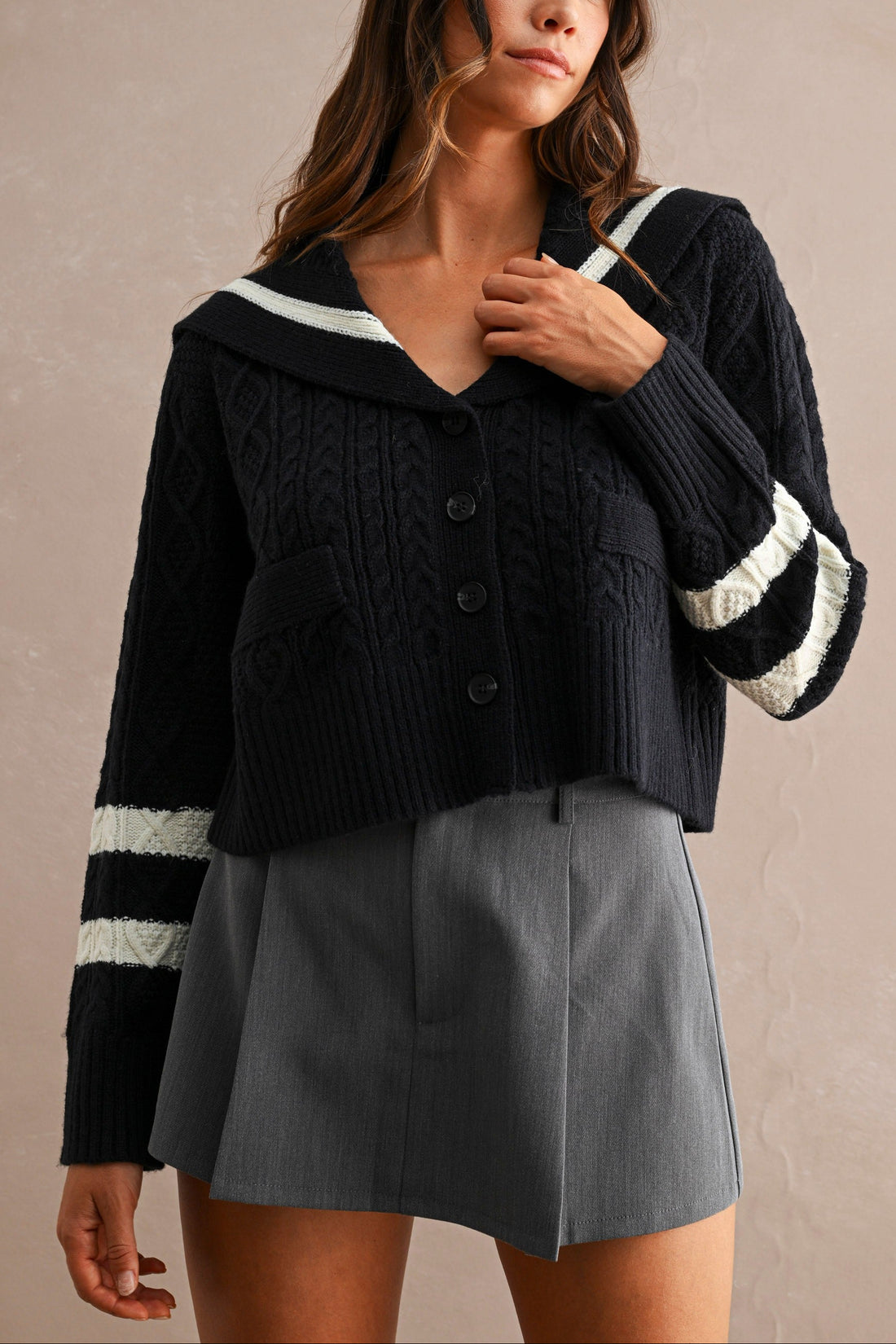 Sailor Collar Cable Knit Cropped Cardigan