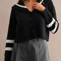 Sailor Collar Cable Knit Cropped Cardigan